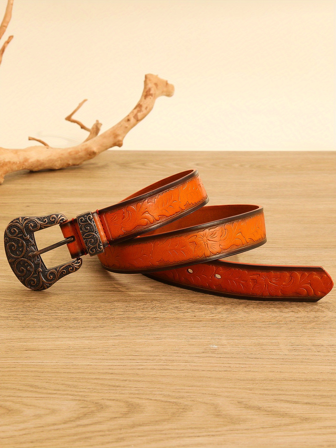 Western tooled pattern embossed leather jean belt