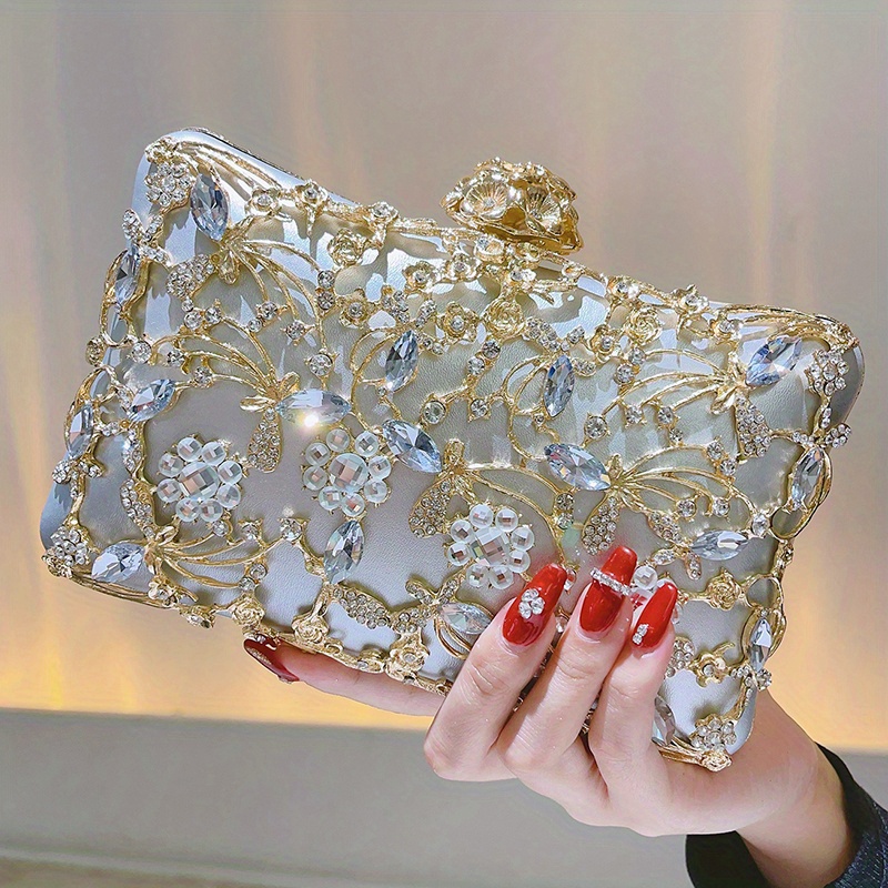 Hollow Rhinestone Evening Bag, Elegant Box Clutch Purse, Women's Handbags for Party Prom Wedding, Christmas Styling & Gift,Temu