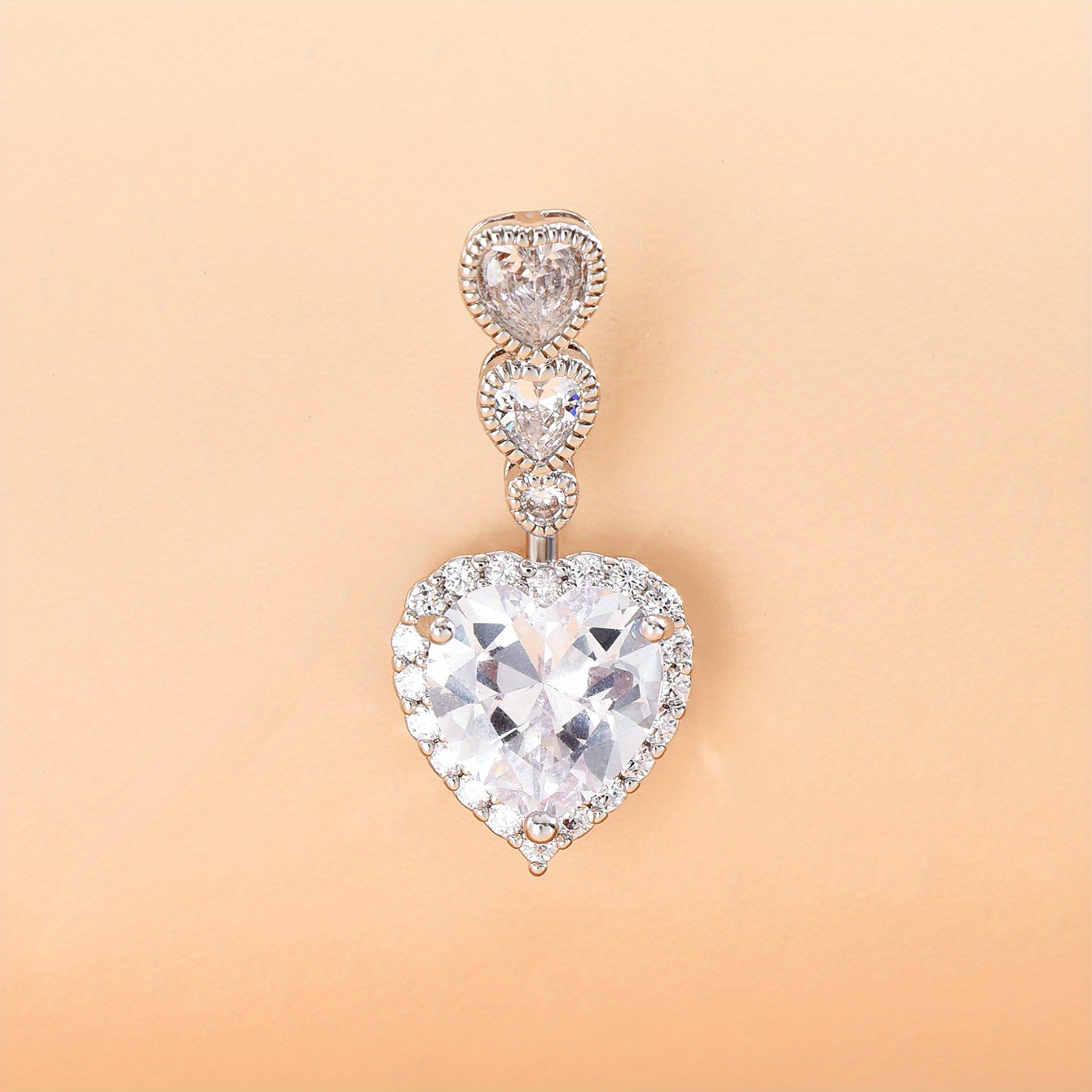 Image of Exquisite Inlaid Heart Shape Cubic Zirconia Belly Button Ring - Women's Fine Body Piercing Jewelry - Hypoallergenic, Nickel-free, Durable, Sparkling, And Stylish Accessory For Everyday Wear