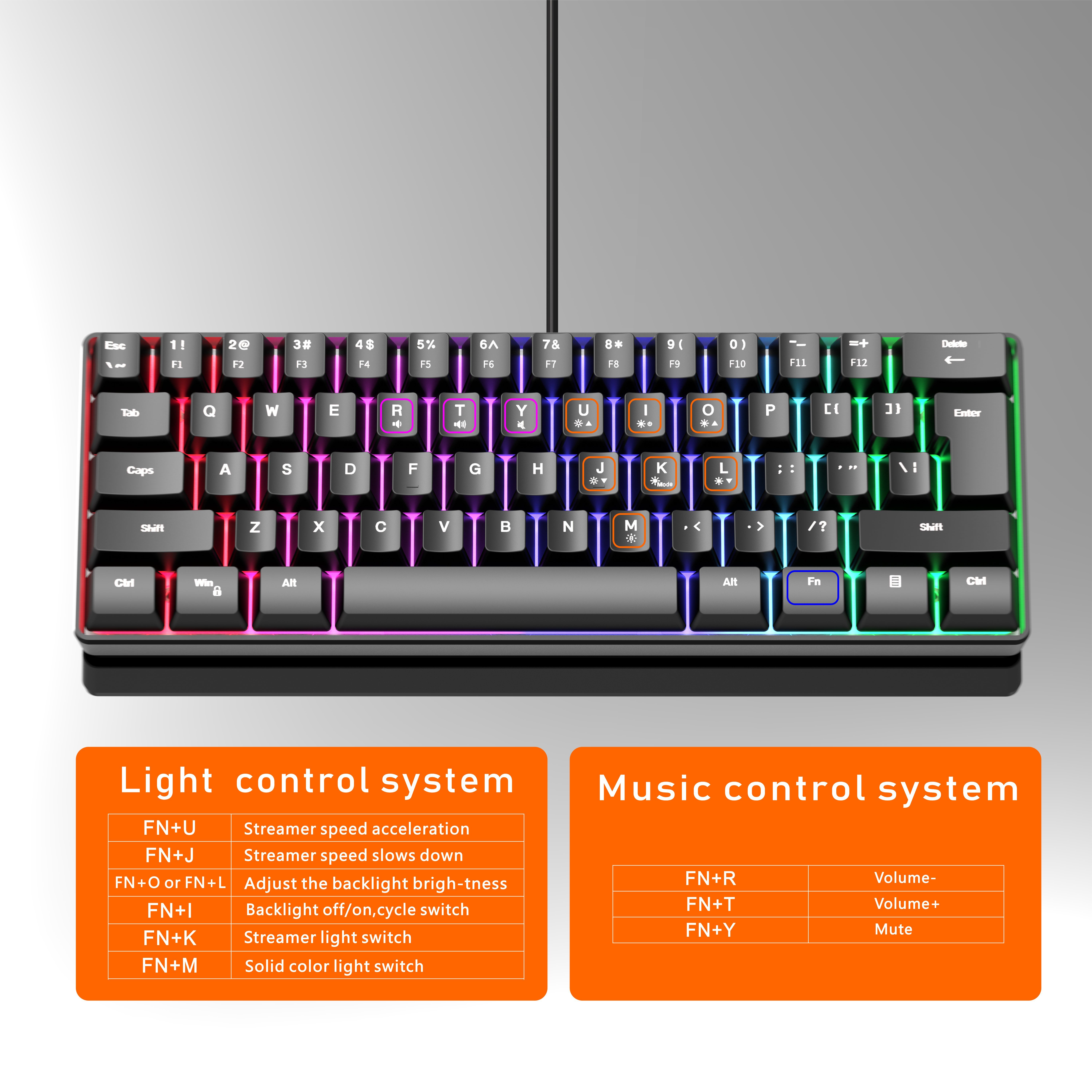 black rgb colorful luminous gaming keyboard mini 60 scale 61 keys translucent usb keyboard portable ergonomic high   design key   keyboard no fading keys colorful light night special backlit keyboard suitable for desktop computer laptop all in one multiple systems multiple   pc   ps4   one gamer details 3