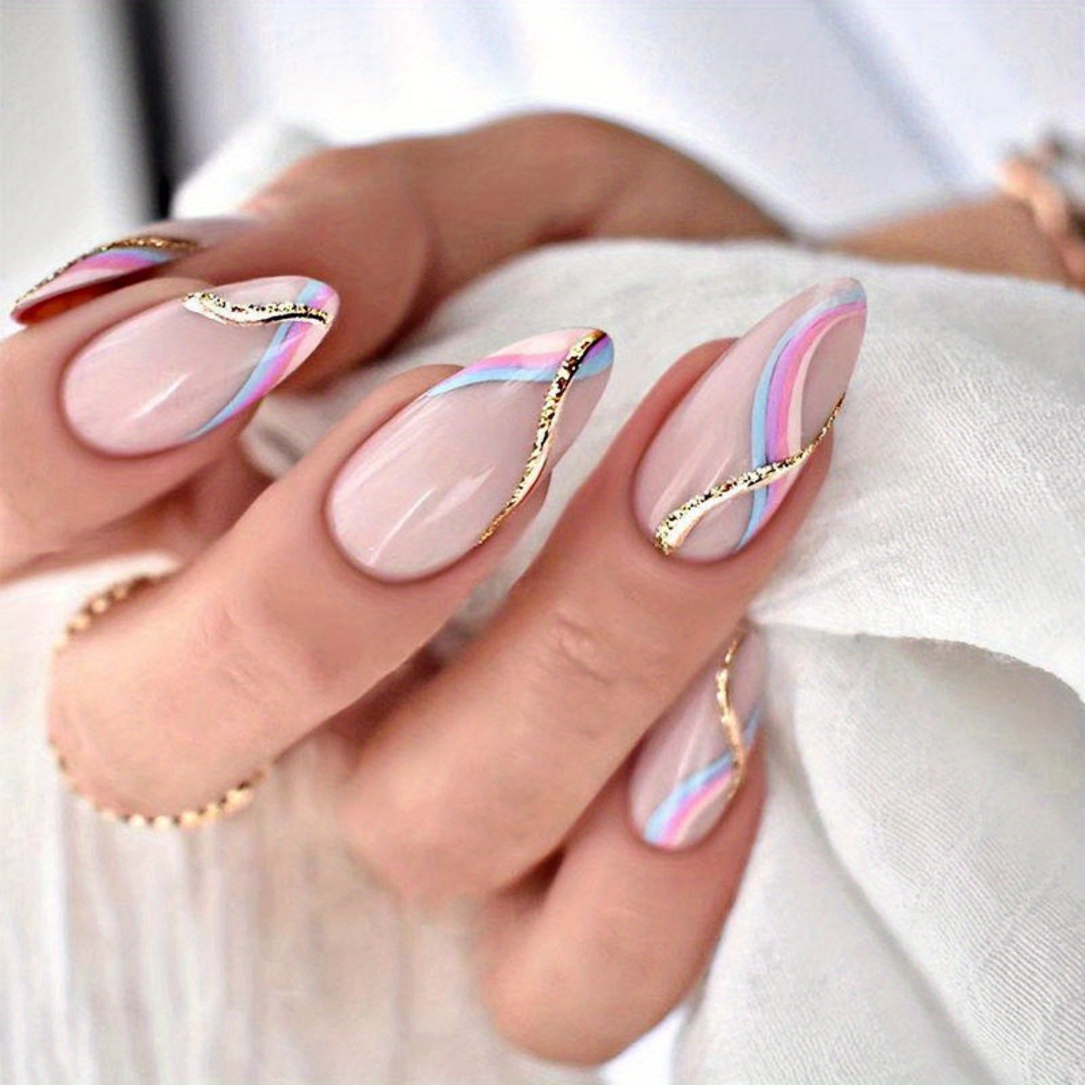 24pcs Elegant Almond-shaped Long Nails With Pastel Rainbow Swirls And Golden Glitter Accents, Includes Jelly Glue & Nail File - Perfect For Sophisticated , Nail Accessories