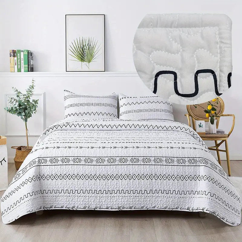 2 3pcs summer geometric patterns bedspread set 1 bedspread 1 2 pillowcase without filler soft breathable and comfortable microfiber bedding set for bedroom dorm room details 1