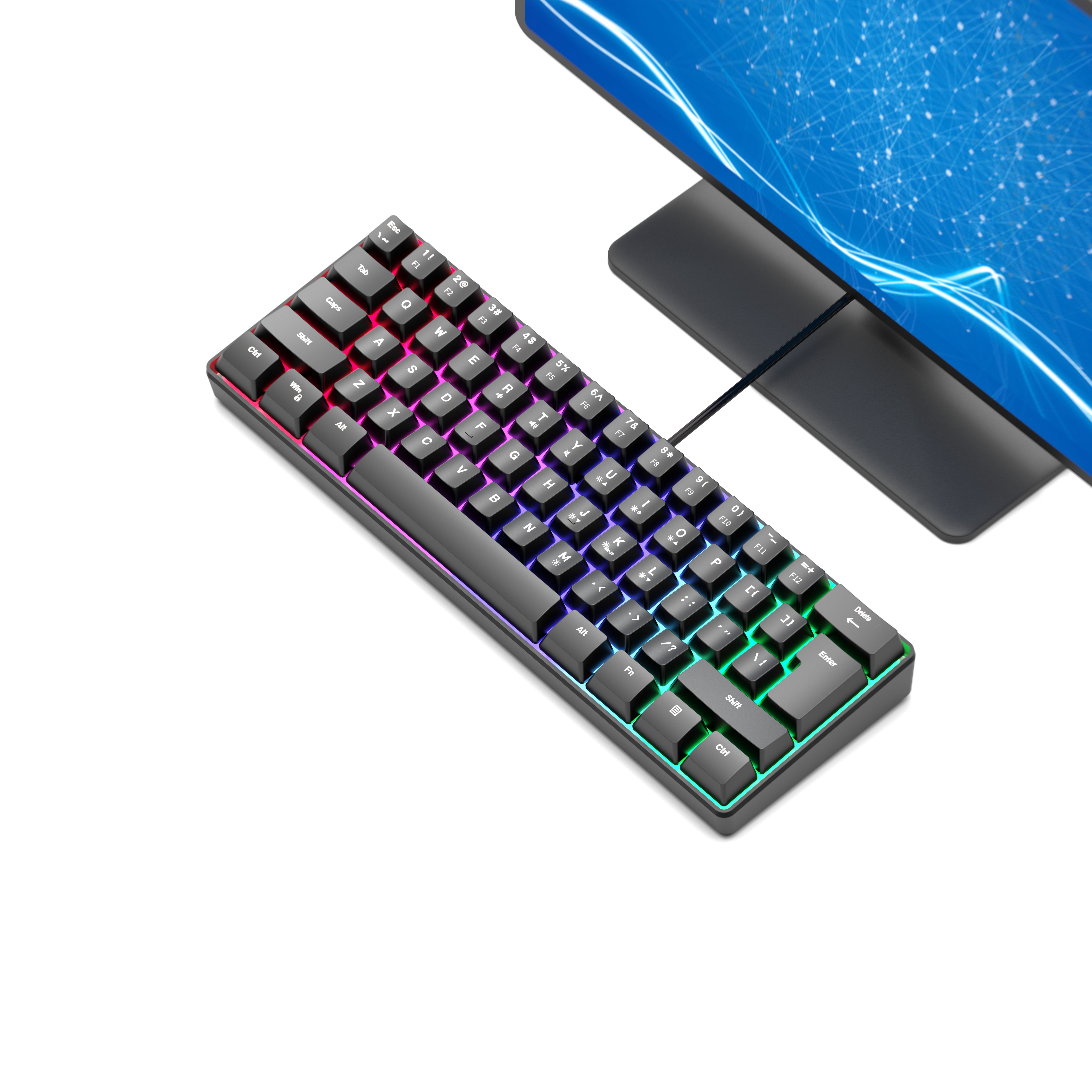 black rgb colorful luminous gaming keyboard mini 60 scale 61 keys translucent usb keyboard portable ergonomic high   design key   keyboard no fading keys colorful light night special backlit keyboard suitable for desktop computer laptop all in one multiple systems multiple   pc   ps4   one gamer details 10