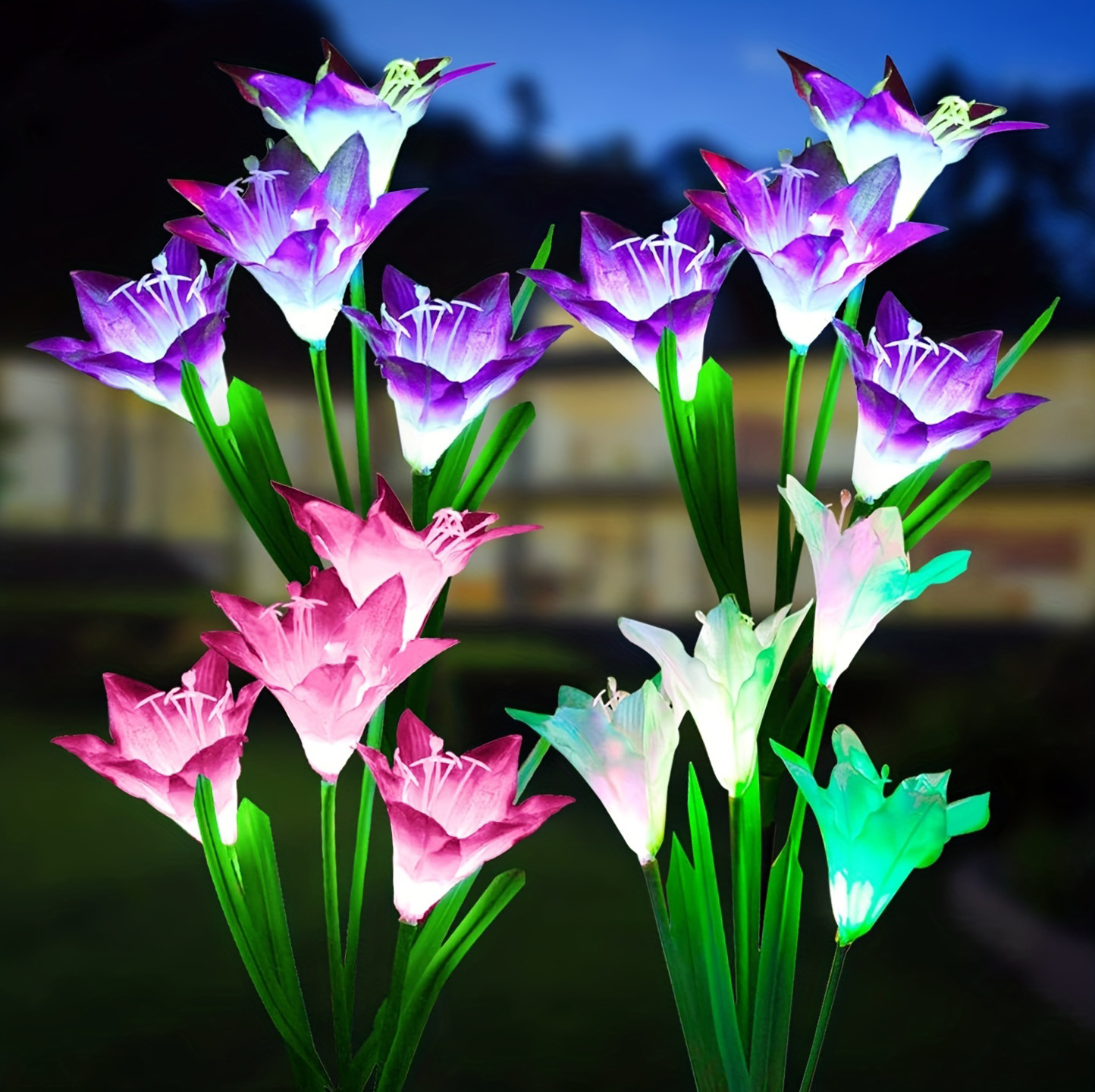 4pcs 6pcs outdoor solar garden lights with 4pcs lily flower heads waterproof 7 color changing outdoor lights solar panel for outdoor patio yard garden decoration details 0