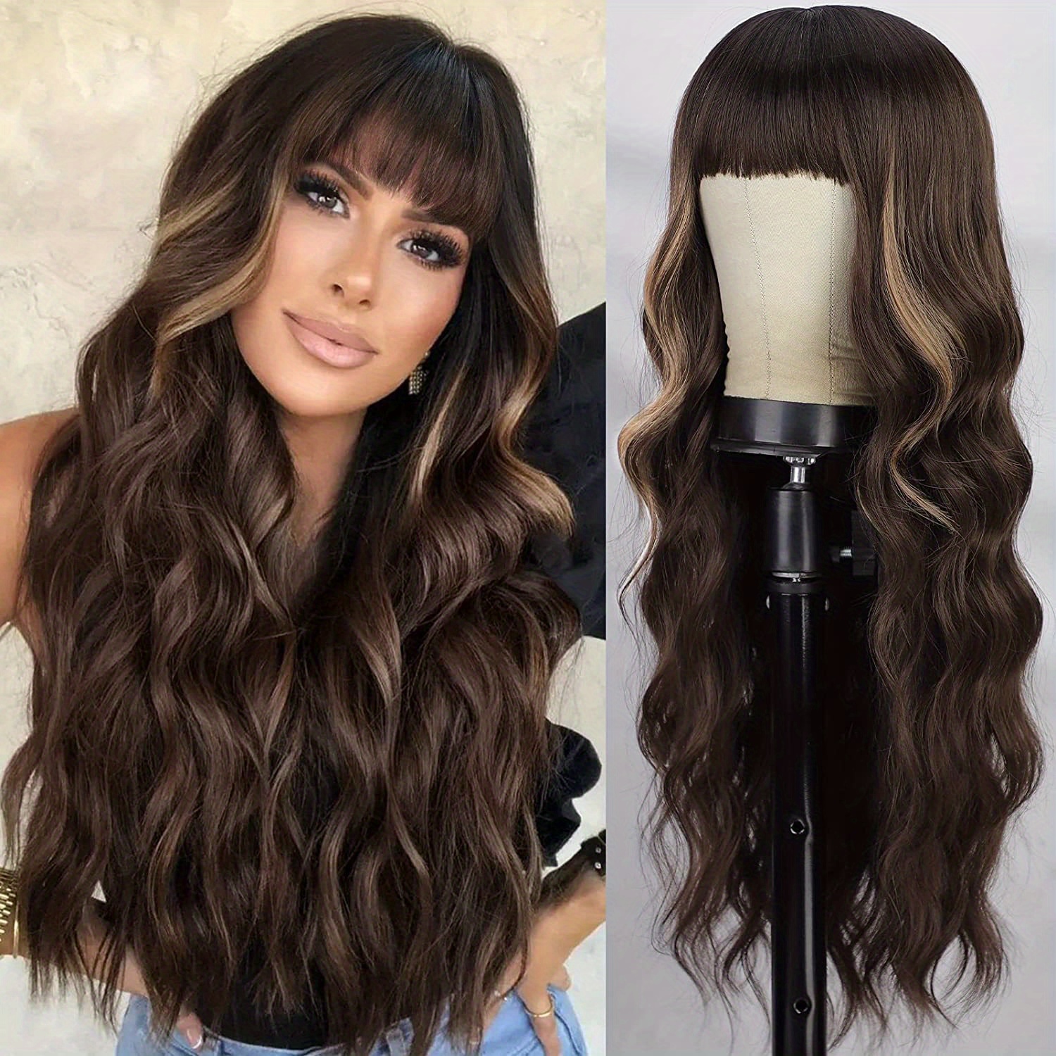 Heat Resistant Body Wave Hair Wig With Bangs For Women - Temu