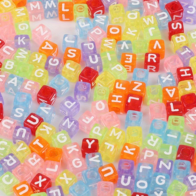 50g Acrylic Multicolor Square Alphabet Beads (with Solid-colored