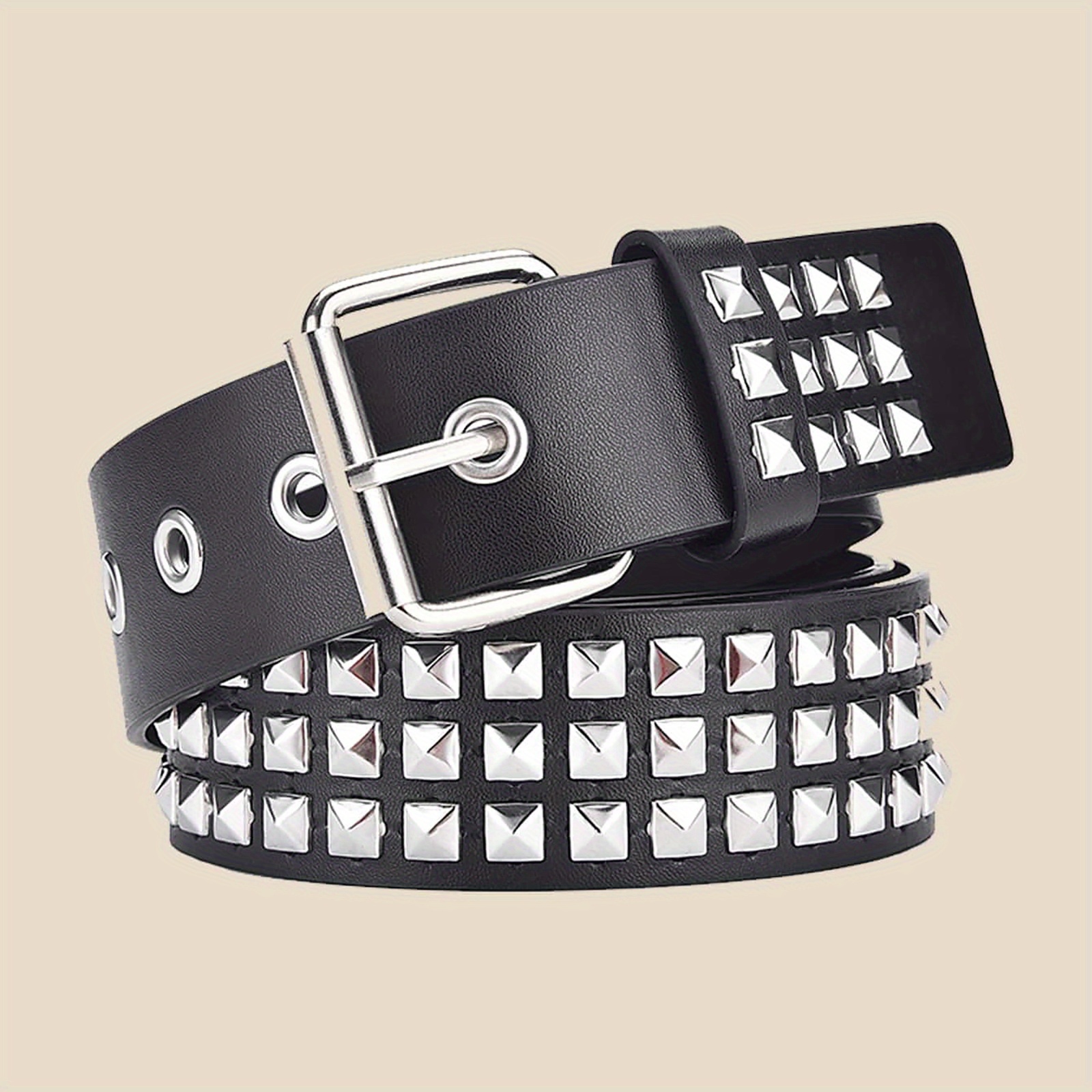 1pc Black Studded Belt Punk Y2 Rivet Belt Grommet Threads Belt With ...