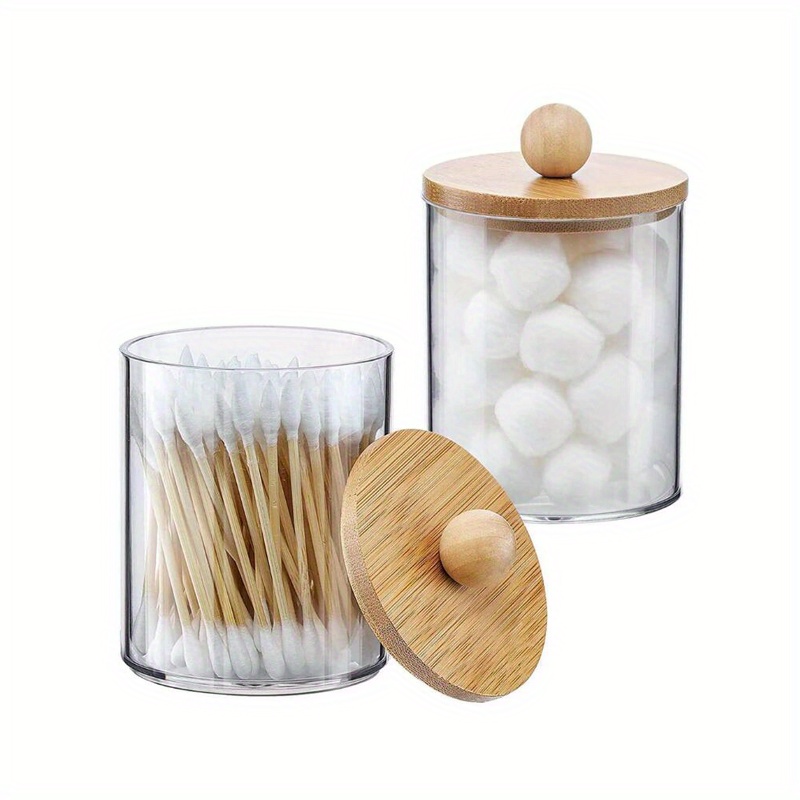 2 Pack Acrylic Qtip Holder Dispenser Bathroom Jar With Bamboo Lid