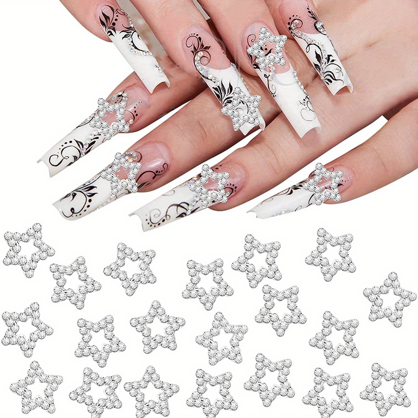 2pcs 3d Star Nail Charms Silver Rhinestones For Acrylic Nails