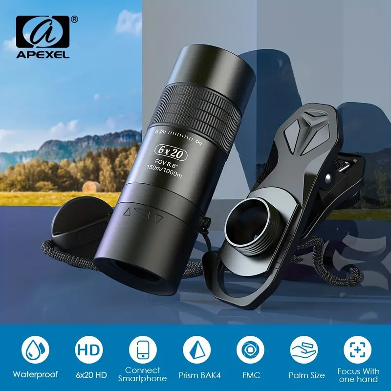 6x20 closest focus telescope optic lenses monocular bak4 prism telephoto with lanyard for hunting camping travelling details 1