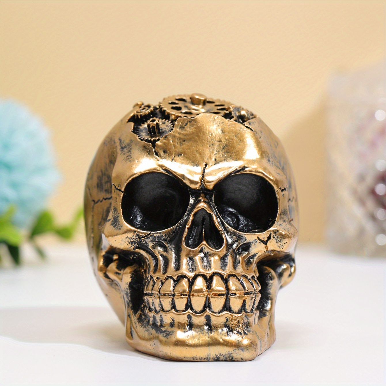 Image of 1pc, Scary Skeleton Head Statue For Halloween Decoration And Party Dress Up