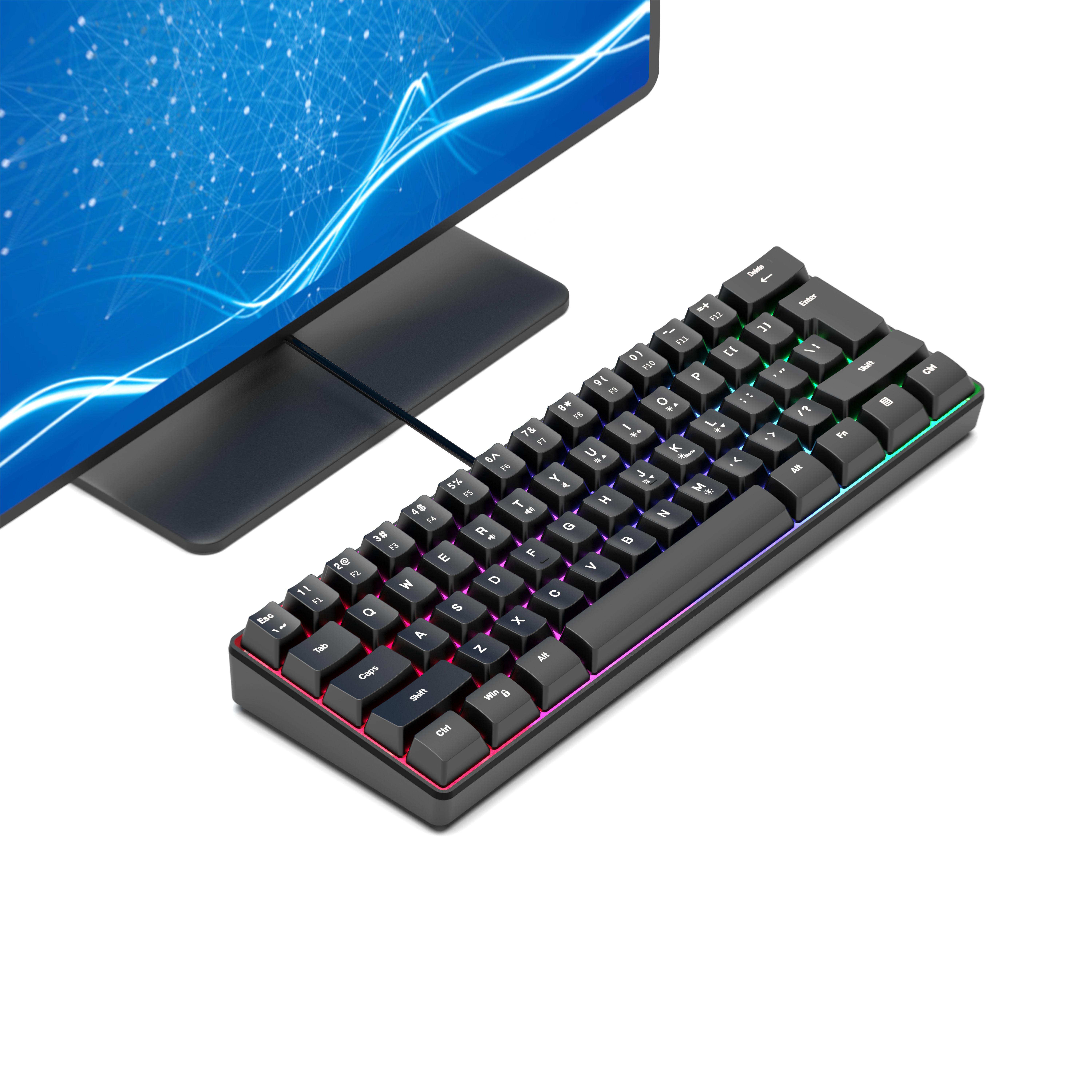 black rgb colorful luminous gaming keyboard mini 60 scale 61 keys translucent usb keyboard portable ergonomic high   design key   keyboard no fading keys colorful light night special backlit keyboard suitable for desktop computer laptop all in one multiple systems multiple   pc   ps4   one gamer details 11