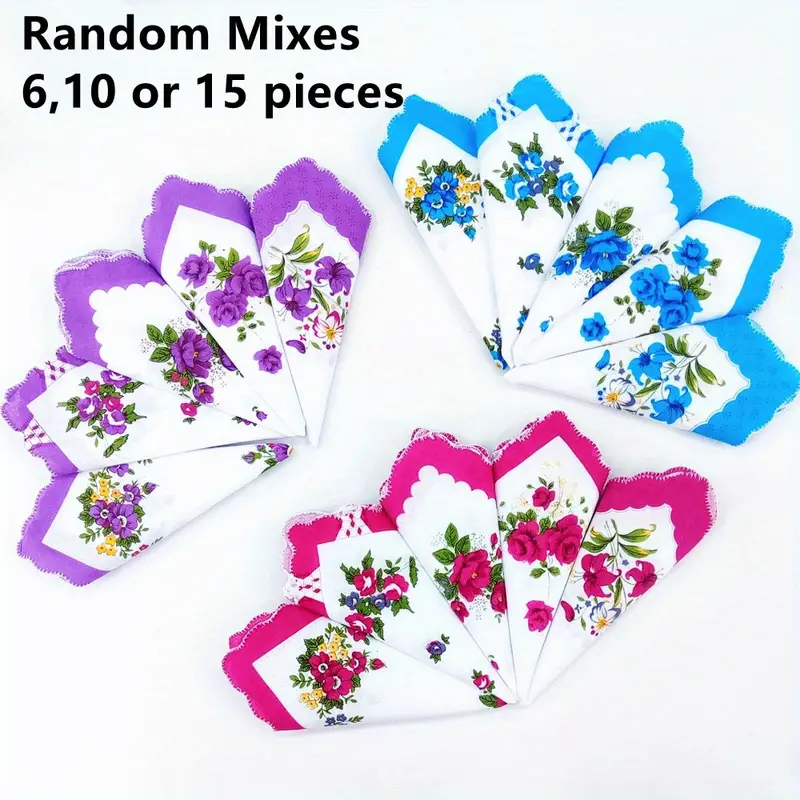 6 шт., 10 шт., 15 шт. assorted varieties упаковка 11-дюймовый хлопковый женский носовой платок, много стилей, смешанные носовые платки для мужчин и женщин, для подарков, детали 0