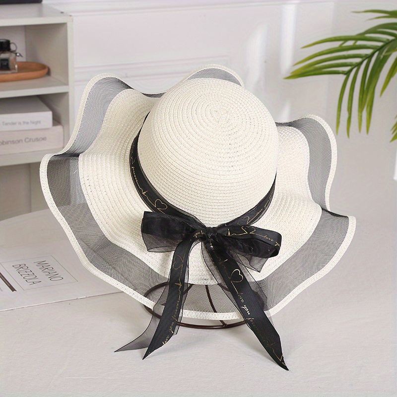 Bow Decor Wide Brim Sun Protection Straw Hat For Women Outdoor