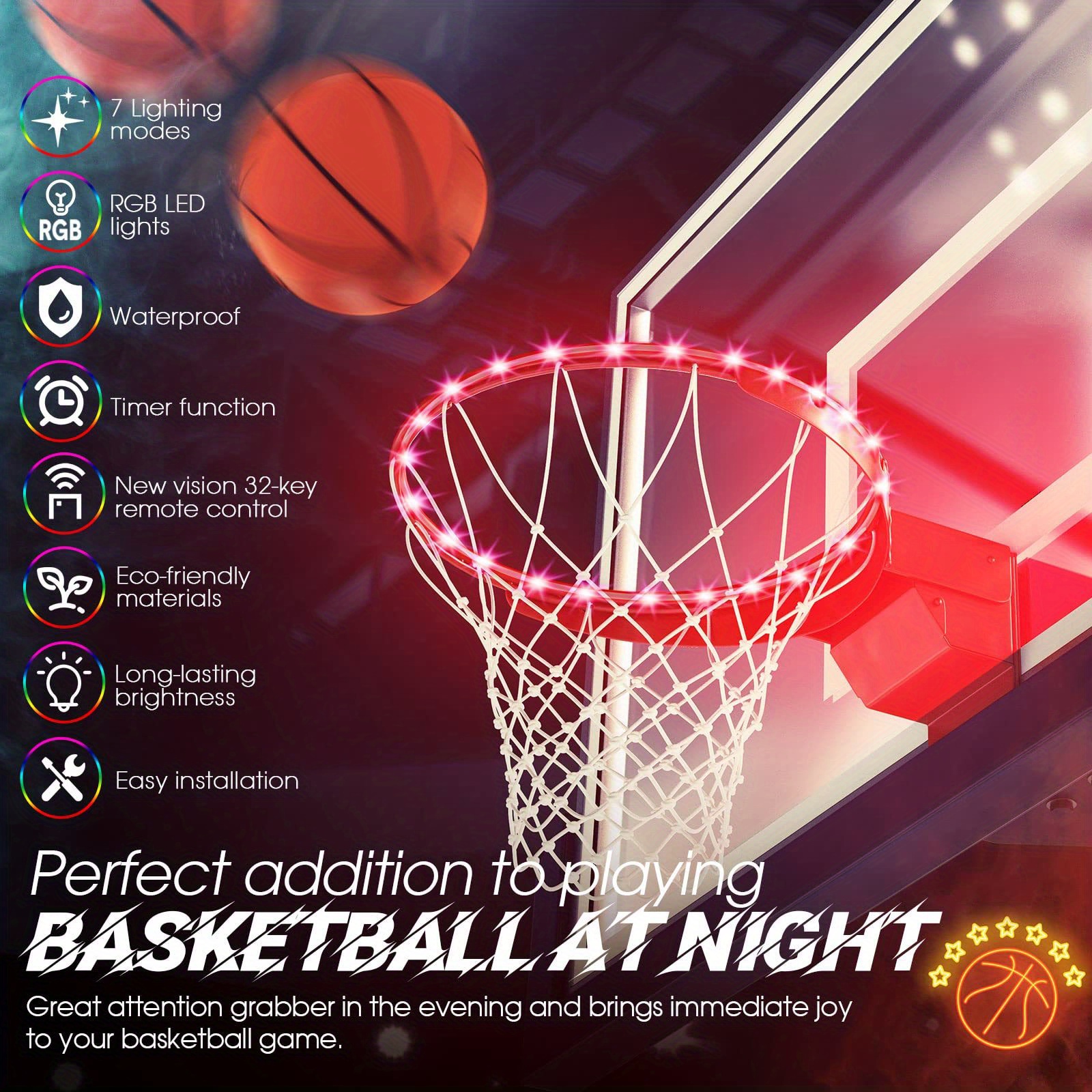 1pc led basketball hoop light remote control basketball rim led light 17 colors waterproof led basketball hoop suitable for play outdoors at night training night outdoor basketball games good gift details 7