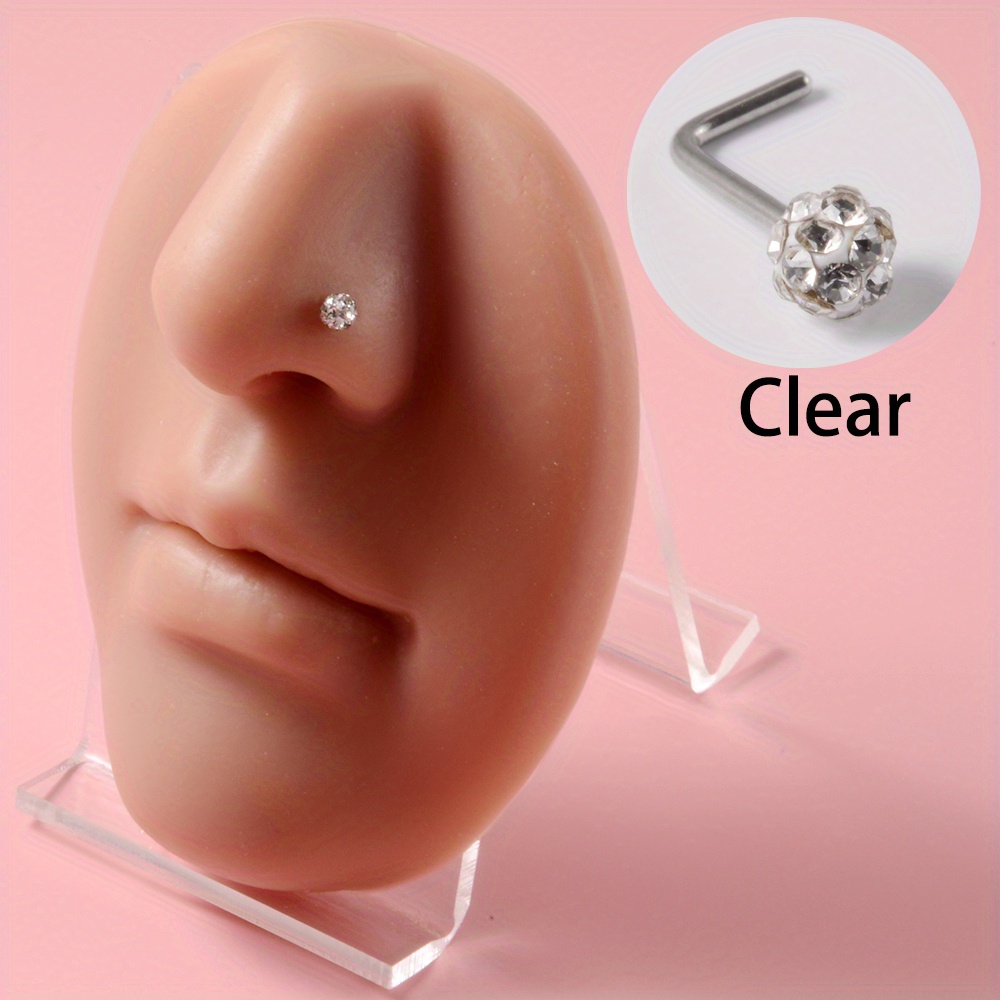 Nose Stud Stainless Steel Clear Gem Nostril Pin Straight L-Shape Bar  Piercing