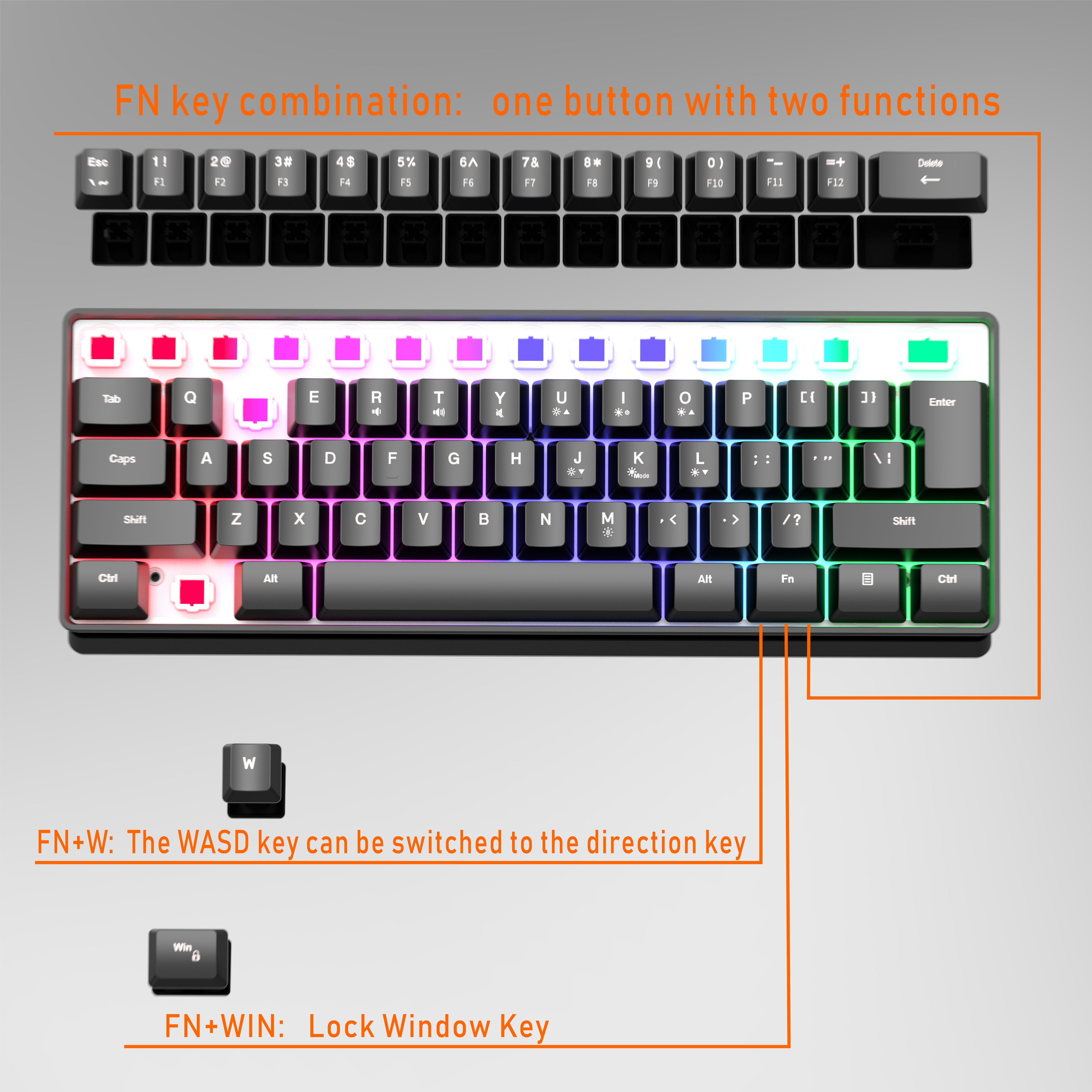 black rgb colorful luminous gaming keyboard mini 60 scale 61 keys translucent usb keyboard portable ergonomic high   design key   keyboard no fading keys colorful light night special backlit keyboard suitable for desktop computer laptop all in one multiple systems multiple   pc   ps4   one gamer details 4