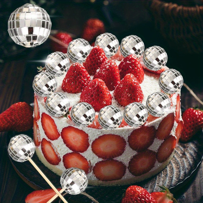 27 PCS Disco Ball Cake Decoration Ornaments Reflective Mirror Ball Cake Decoration 70s Disco Themed Party Decoration Silver Disco Table Decoration For