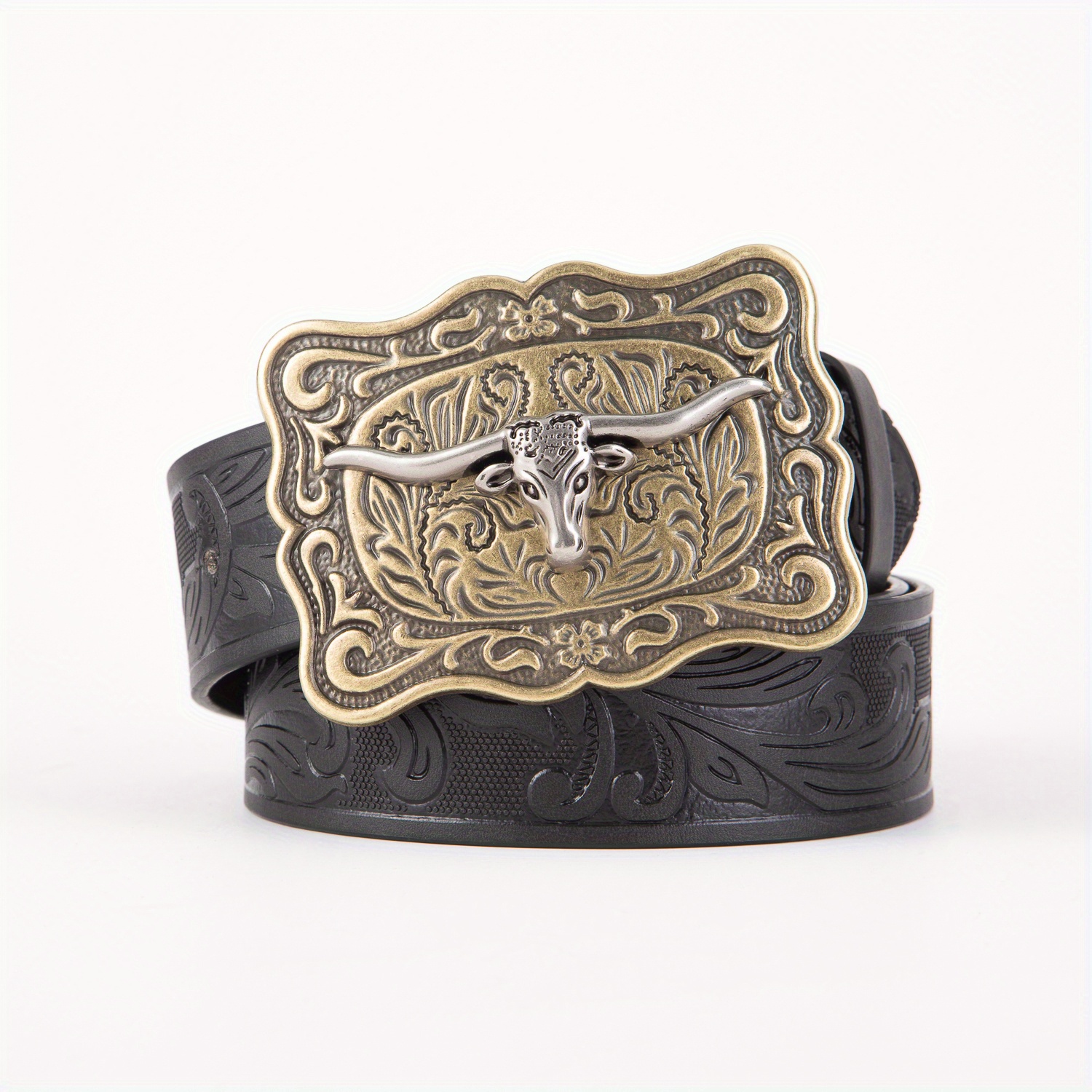 Cow Head Mens Pu Leather Belt Retro Embossed Cool Belt Western Cowboy