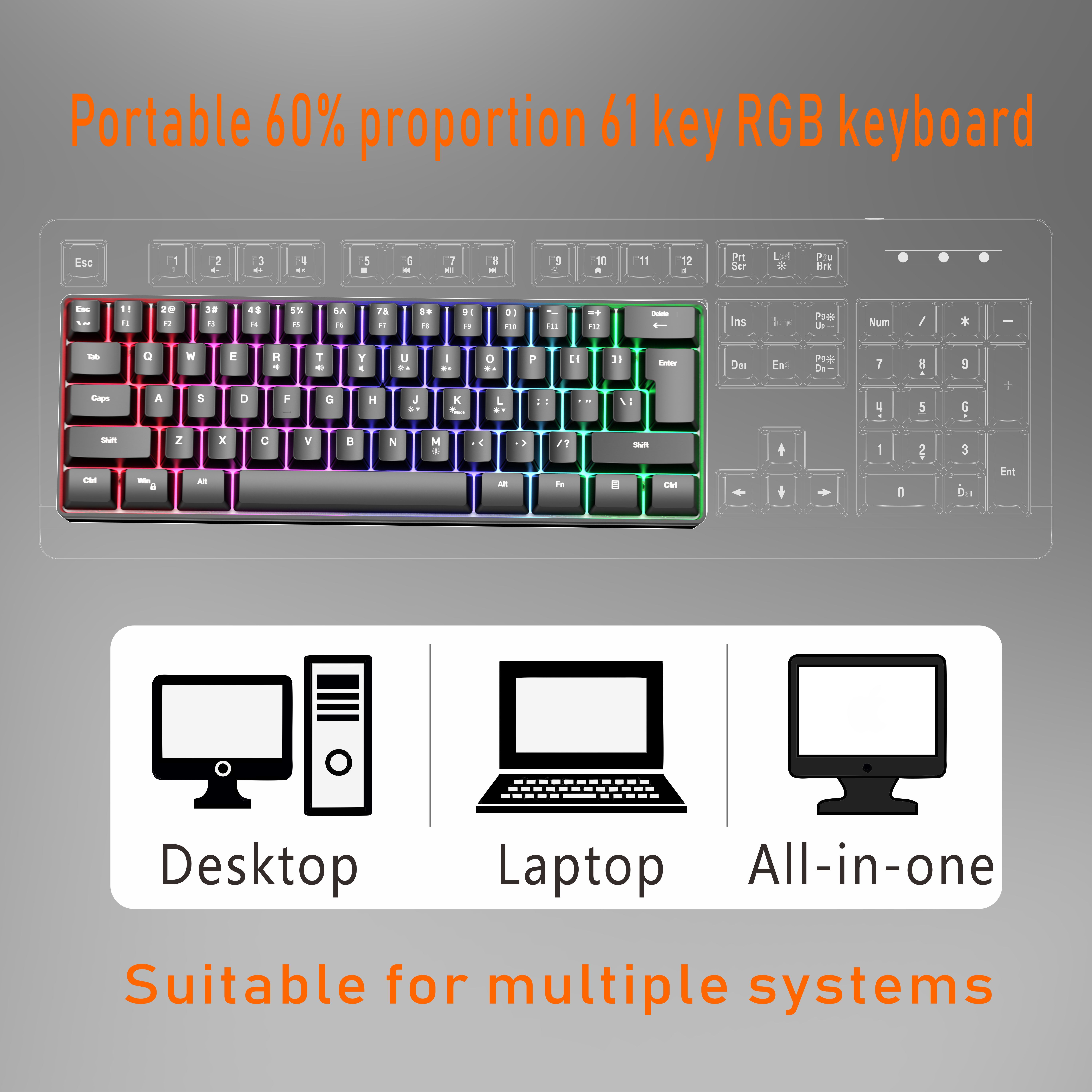 black rgb colorful luminous gaming keyboard mini 60 scale 61 keys translucent usb keyboard portable ergonomic high   design key   keyboard no fading keys colorful light night special backlit keyboard suitable for desktop computer laptop all in one multiple systems multiple   pc   ps4   one gamer details 0