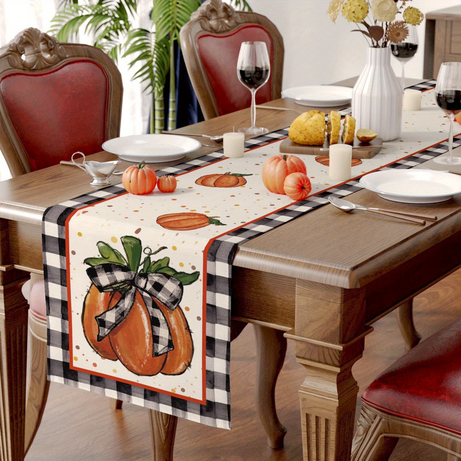 Thanksgiving Table Runner Pumpkin Buffalo Plaid Fall Temu