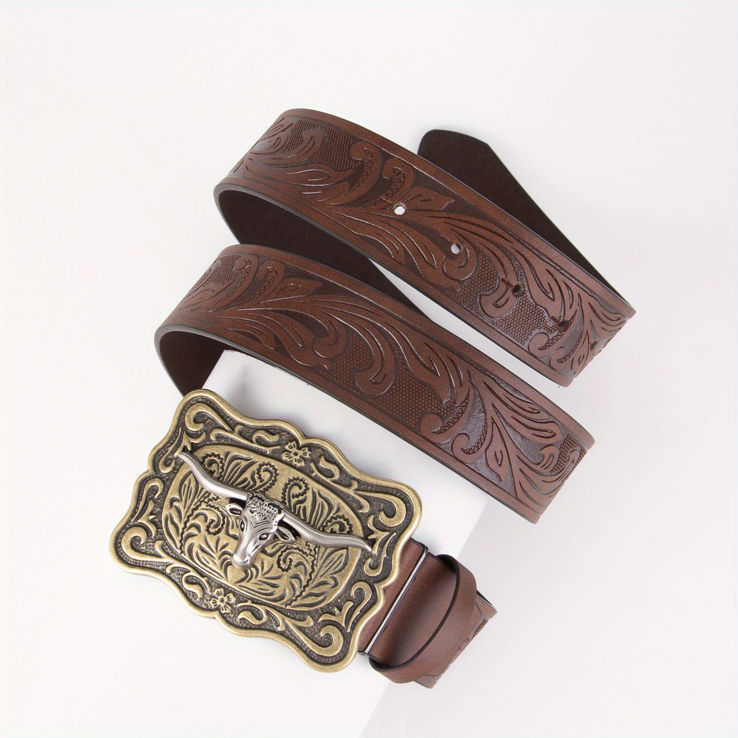 Cow Head Mens Pu Leather Belt Retro Embossed Cool Belt Western Cowboy