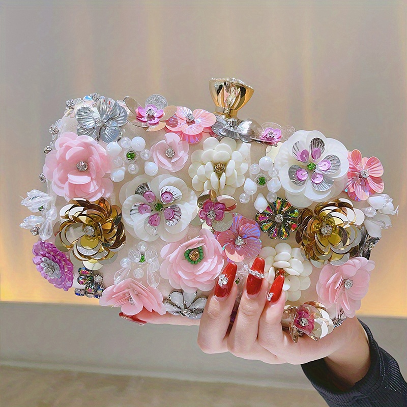 Beaded Metal Flower Decor Evening Bag, Elegant Glitter Clutch Square  Wedding Bag, Women's Luxury Party Bag - Temu