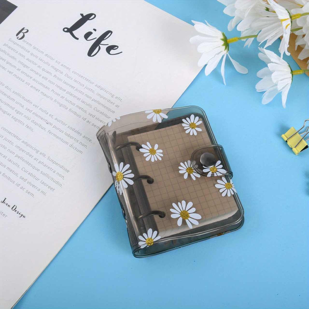 Mini Transparent PVC 3-Ring Binder Covers with Inner Paper,Binder  Pockets,Mini Daisy Notebook Binder 3-Ring Loose-leaf Notebook
