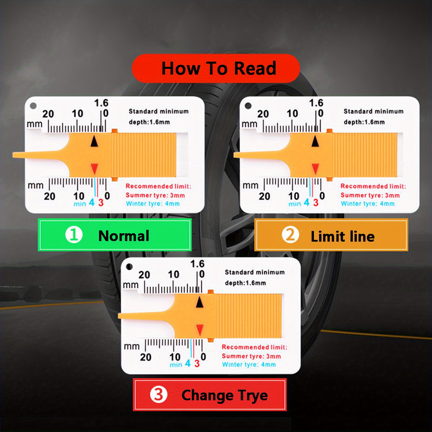 Tyre Tread Depth Gauge Caliper, 0 Plastic Tire Ruler Vernier Depth