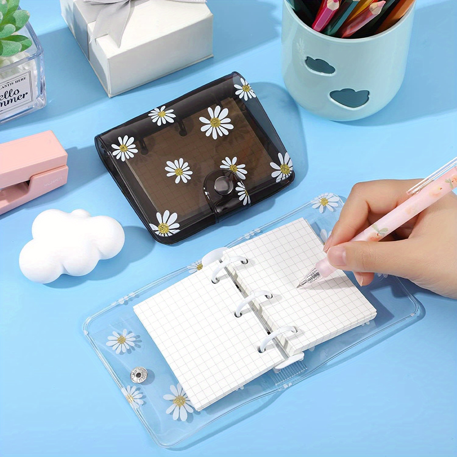 2 Set Mini Transparent 3 Ring Binder Covers With Mini Binder Inner Paper Pockets Clear Soft Plastic Notebook Closure Loose Leaf Folder Round Ring