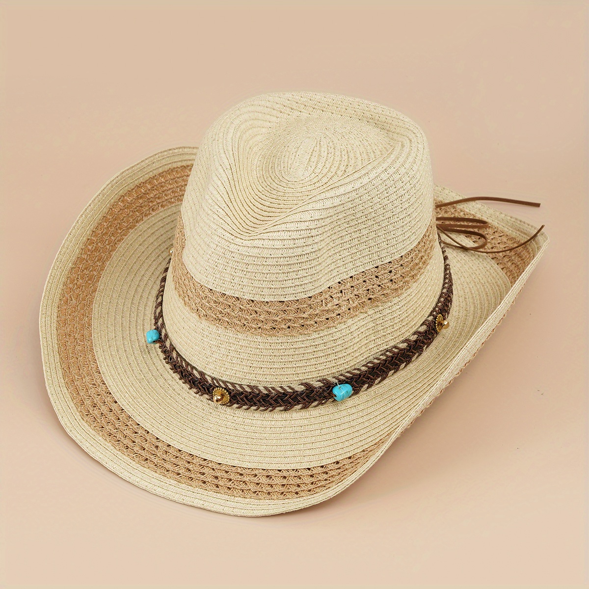 Boho Western Cowboy Straw Hat Outdoor Sunshade Beads Shell Chain Decor Jazz Fedora unisex Vintage Travel Beach Hats for Women Men,Temu