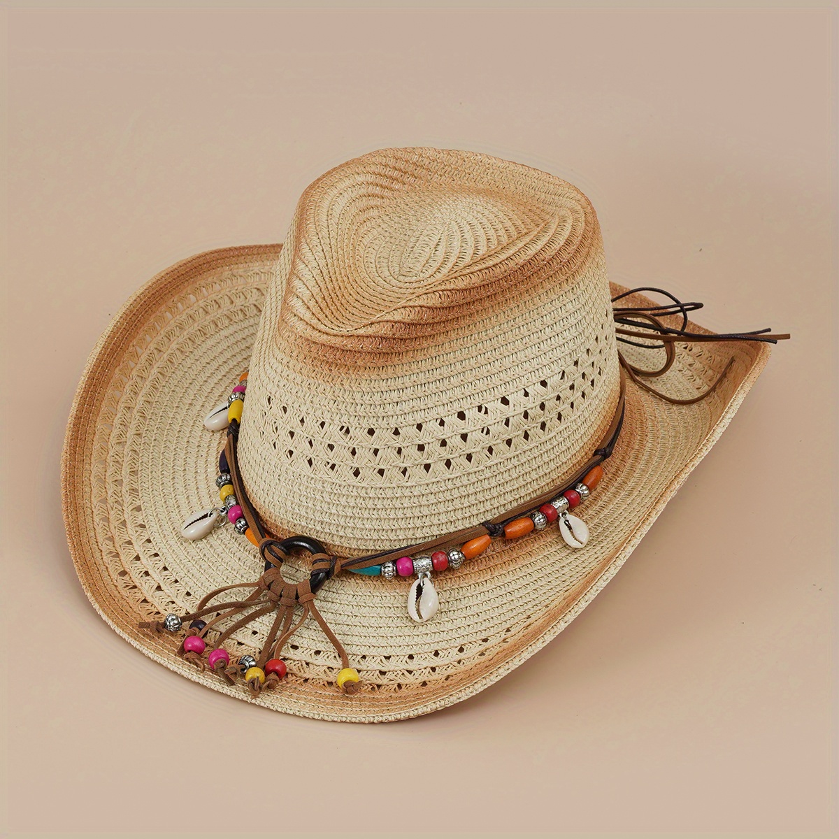 Boho Western Cowboy Straw Hat Outdoor Sunshade Beads Shell Chain Decor Jazz Fedora Unisex Vintage Travel Beach Hats For Women Men