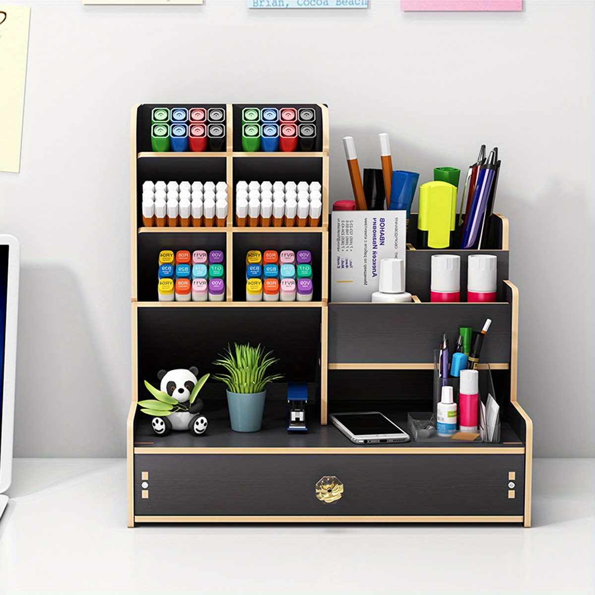 1pc Wooden Pencil Rack Desk Pen Storage Desk Stationery Storage Box DIY Manual Assembly Wood Bookshelf File Organizer Pen Holder And Tissue Holder
