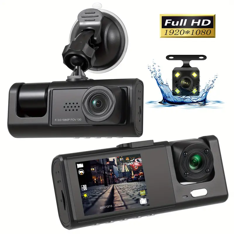 3 Camera Lens Car DVR 3-Channel Dash Cam HD 1080P Dash Camera Dual Lens  Dashcam Video Recorder Black Box Car Parking Monitoring Insede IR Night  Vision