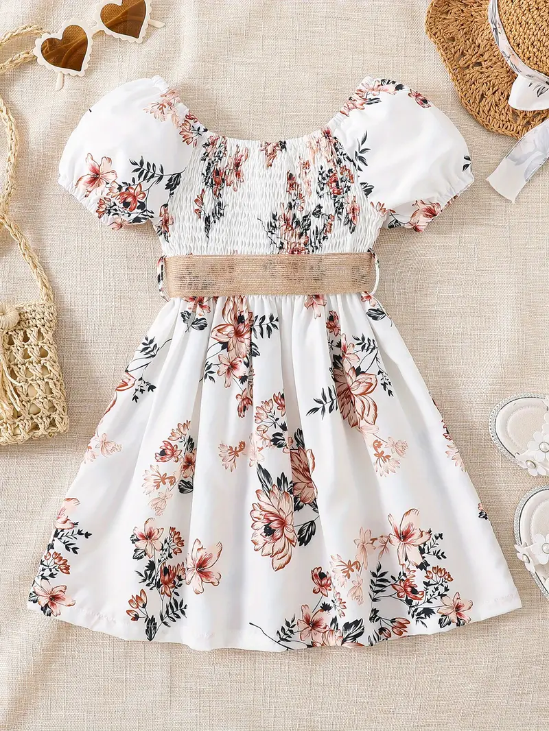 toddler girls floral graphic puff sleeve shirred belted princess dress for party beach vacation kids summer clothes details 1