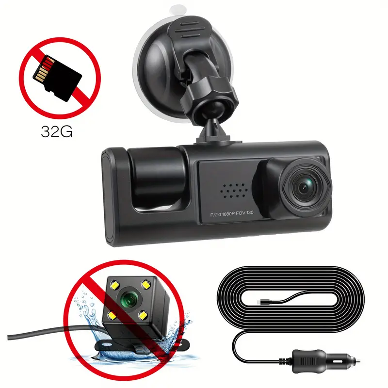 3 Camera Lens Car DVR 3-Channel Dash Cam HD 1080P Dash Camera Dual Lens  Dashcam Video Recorder Black Box Car Parking Monitoring Insede IR Night  Vision