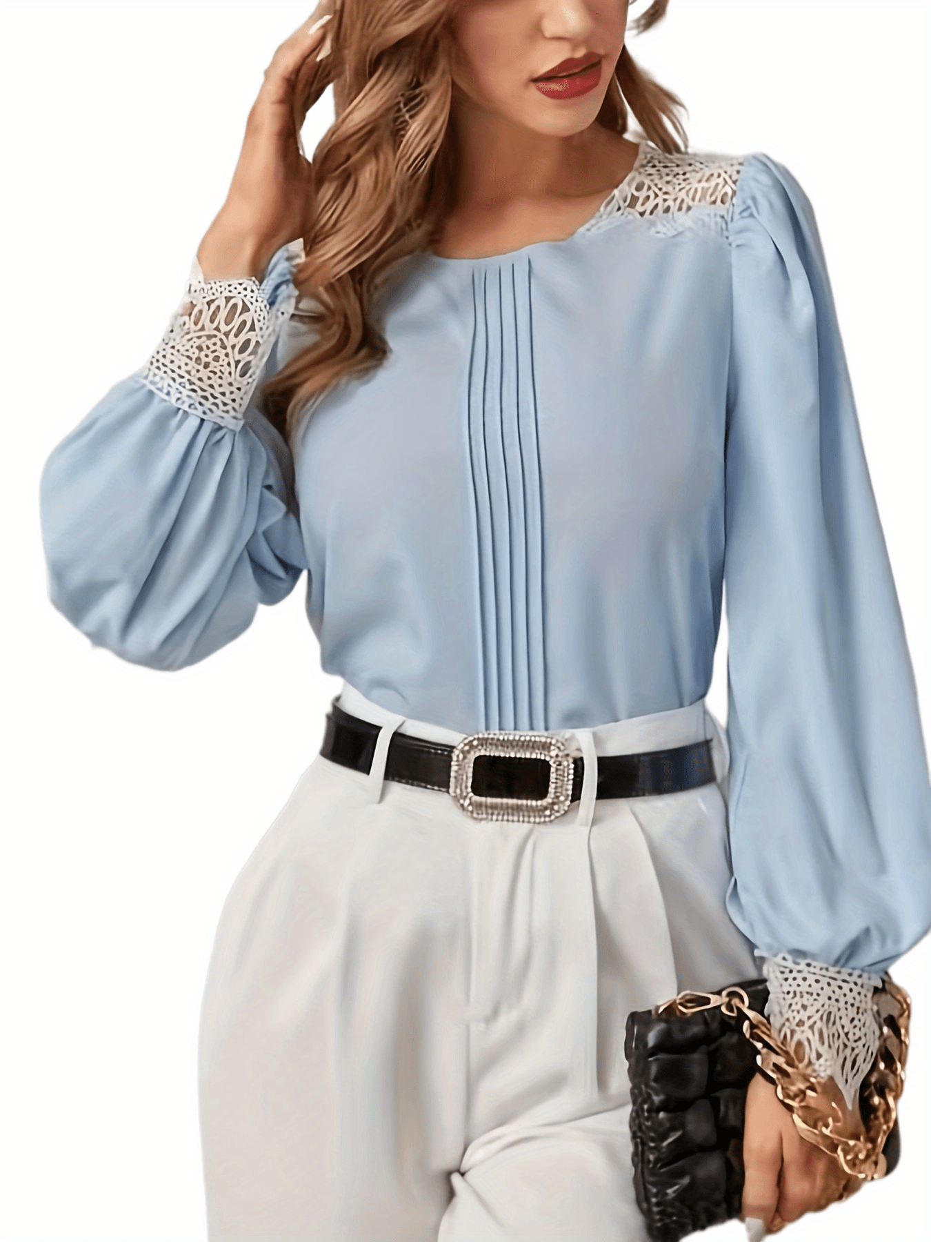 Solid Irregular Neck Blouse, Elegant Long Sleeve Lace Trim Blouse, Women's  Clothing