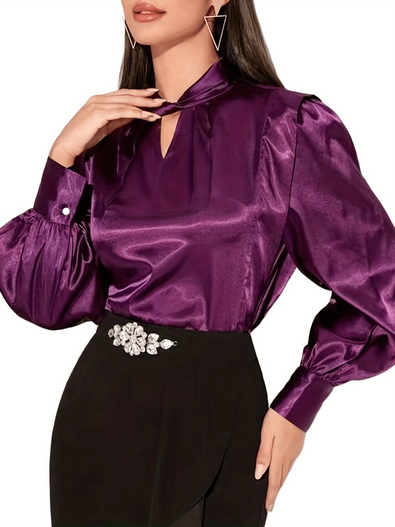 Solid Keyhole Blouse Elegant Ruffle Long Sleeve Simple Blouse