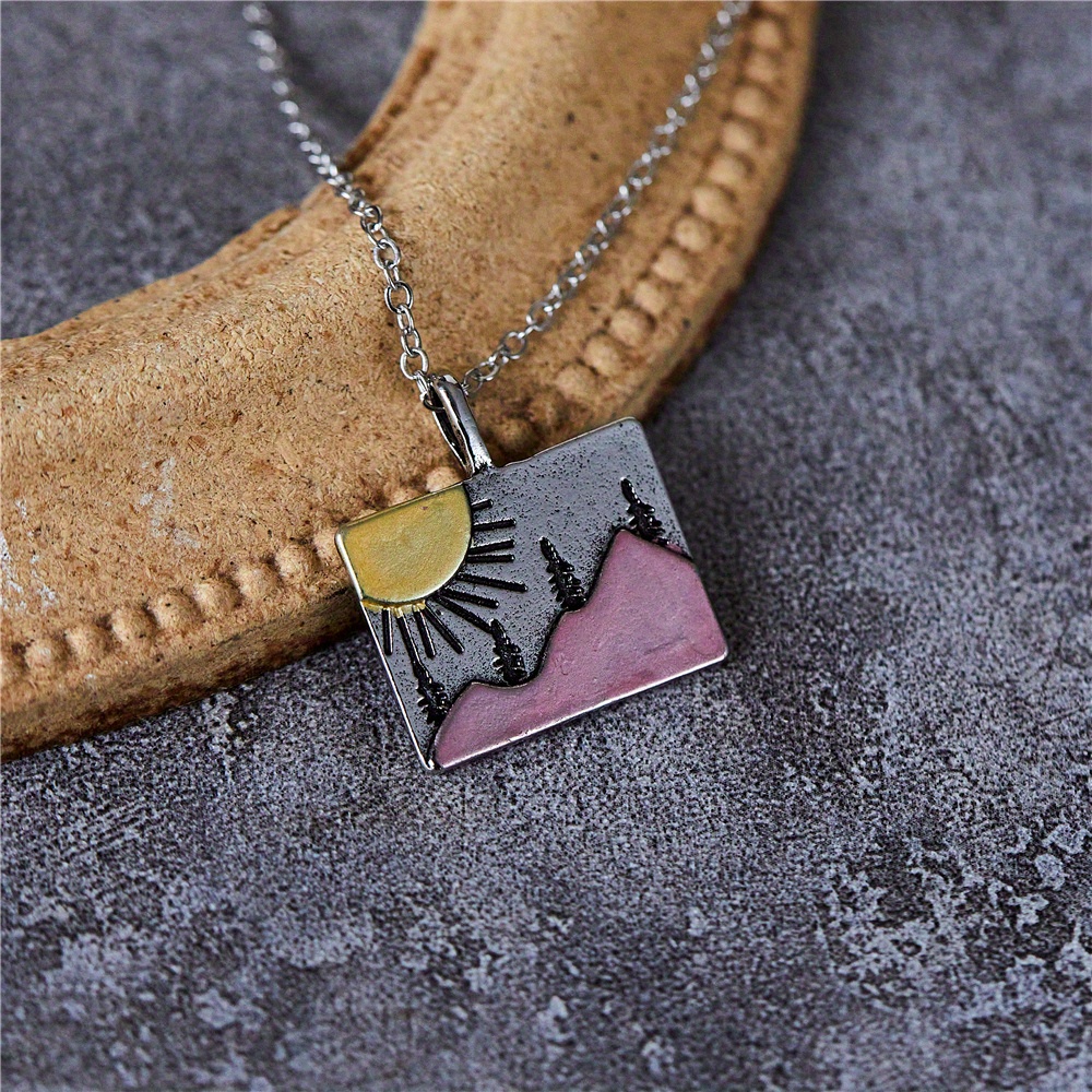 silvery vintage mountain tree sun pattern pendant necklace boho necklace party keepsake gifts details 3