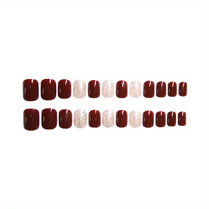 24pcs Wine Red Press On Nails Short Square Fake Nails With Silver ...