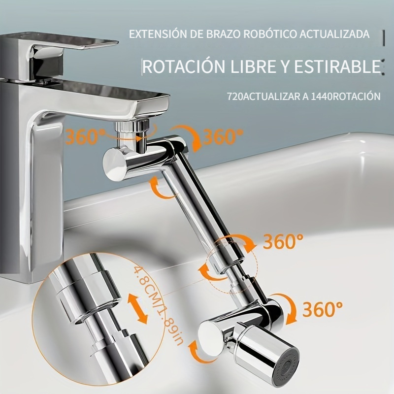 Extensor de grifo de 1440° para fregadero de baño, brazo robótico giratorio  de 1080° y aireador de grifo de 360°, extensión de filtro de salpicaduras