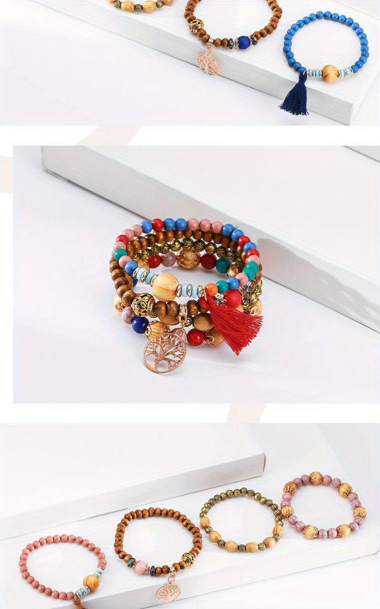 Tree Of Life Pendant Multilayer Beaded Bracelet Round Bead - Temu