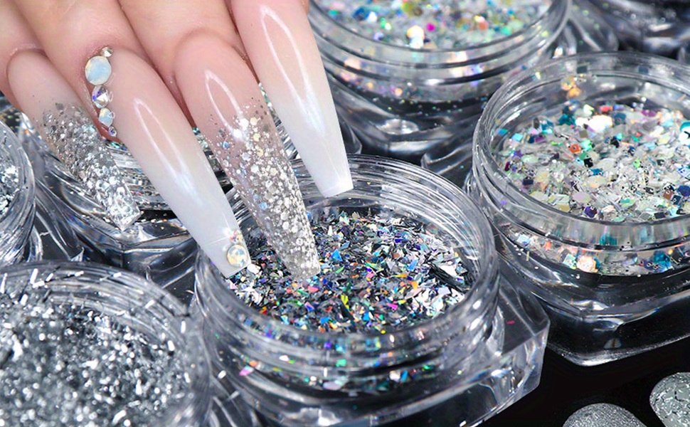 Holographic Nail Art Glitters - Nail Art Supplies Sequins - 3D Laser Nails  Glitter Flakes - Shiny Acrylic Nails Powder Dust - Silver Nail Confetti  Nail Art Decoration Sparkles for Manicure Tips 8Pcs