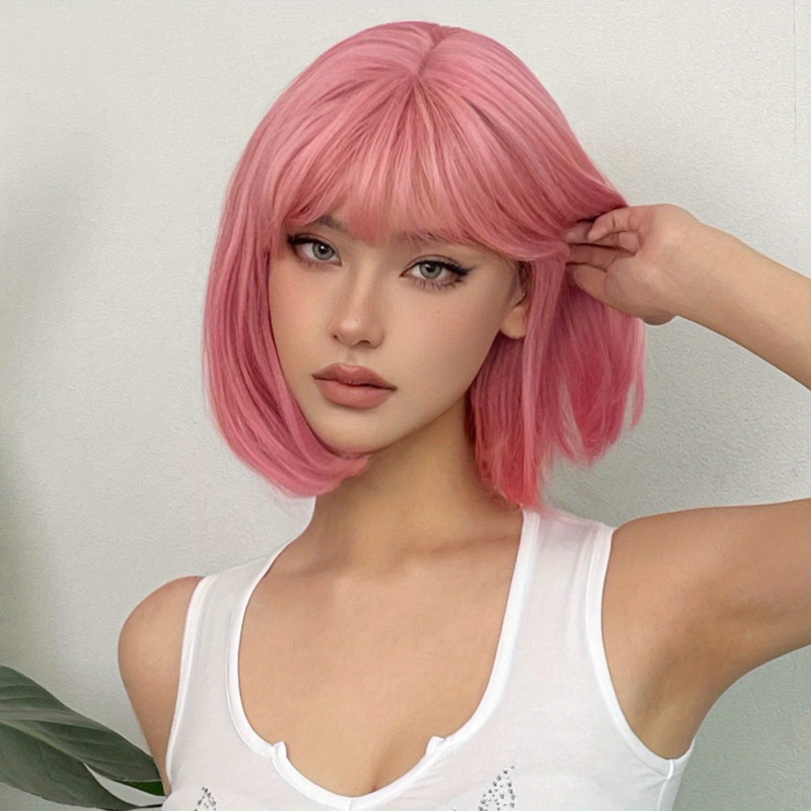 35.56 cm Straight Pink Bob Wigs With Bangs Synthetic Wigs Women s Wigs For Daily Use Cosplay Or Party Taking Photos WL1139 1 Music Festival