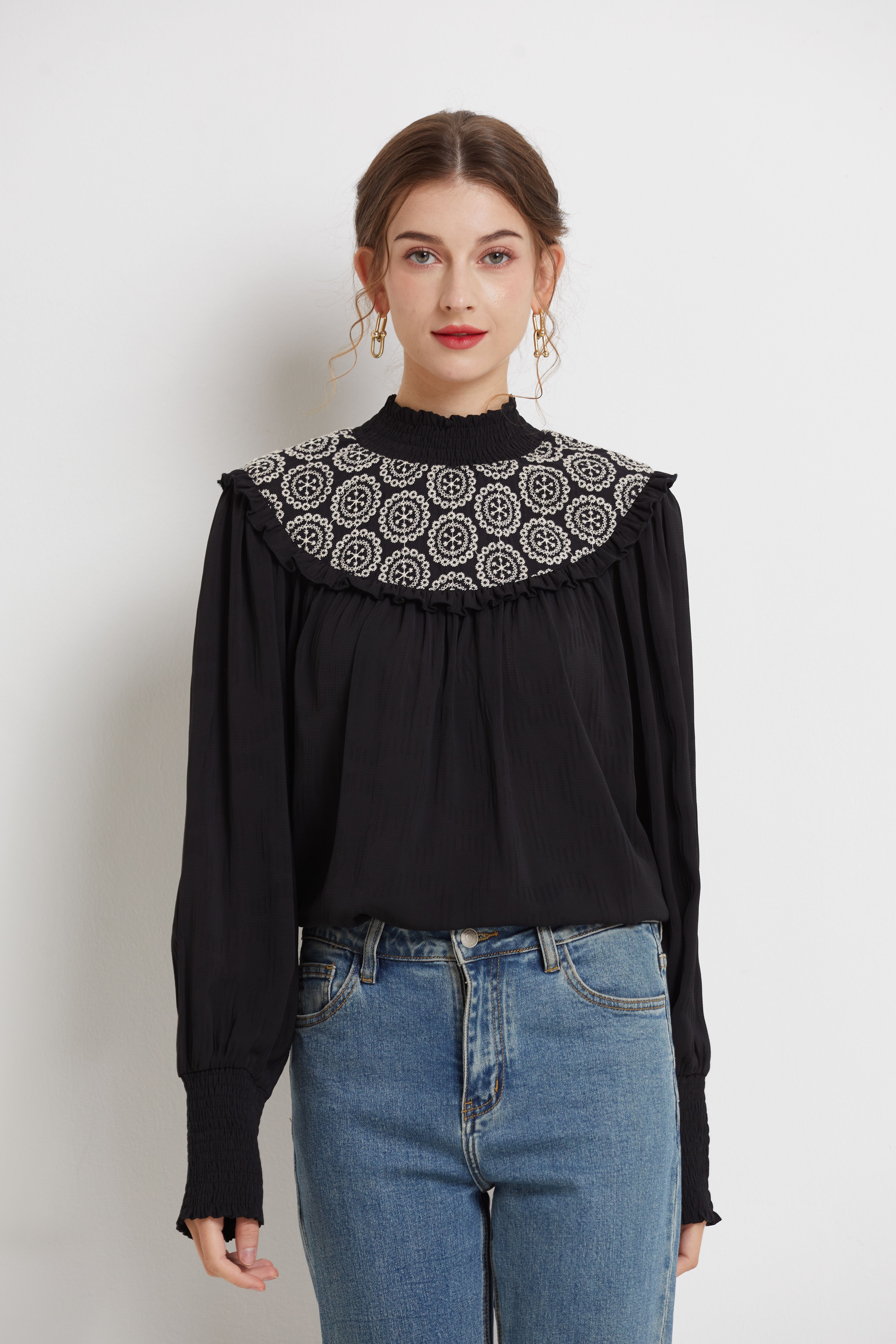 Floral Embroidered Blouse Casual High Neck Long Sleeve - Temu United