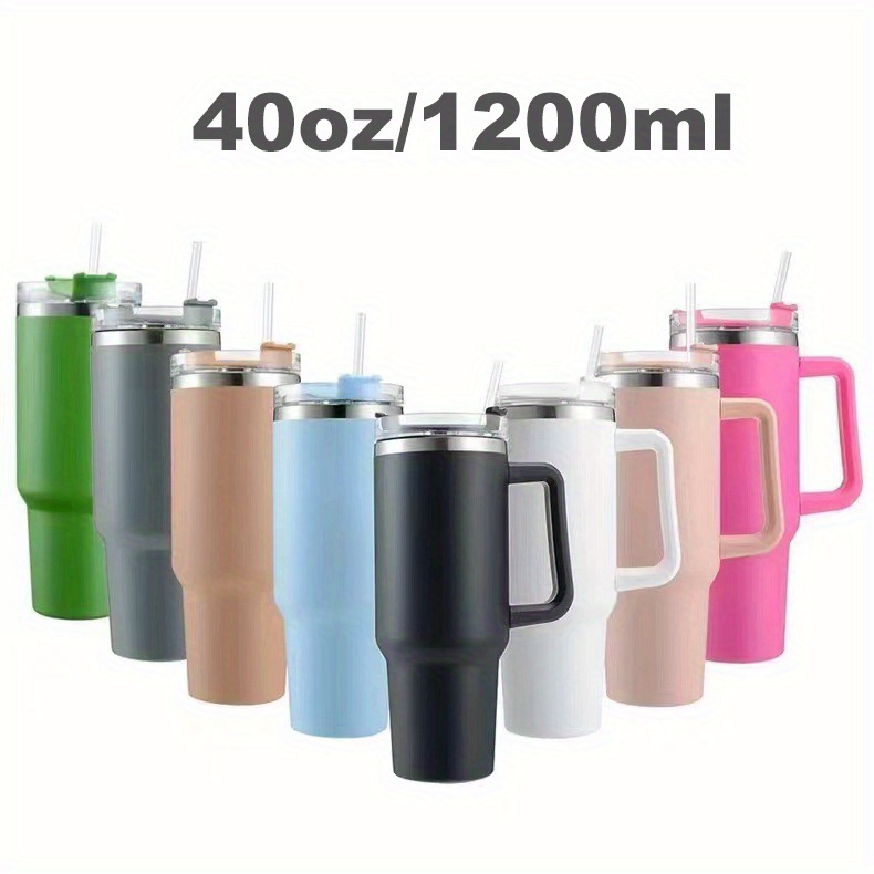 1200ml/40oz Tumbler With Handle And Straw, Stainless Steel Cold Drink Cup  With Handle And Anti-leak Lid, Car-mounted Straw Cup For Outdoor Travel