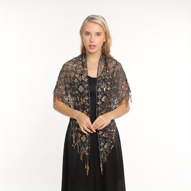 Sequin Decor Triangle Scarf Floral Hollow Out Solid Shawl