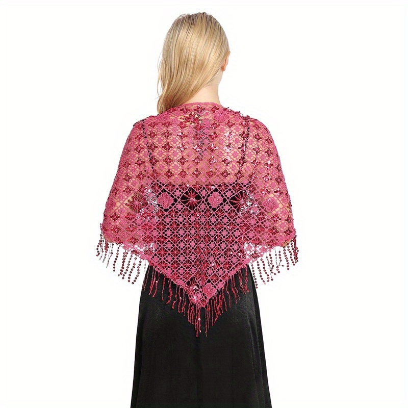 Sequin Decor Triangle Scarf Floral Hollow Out Solid Shawl