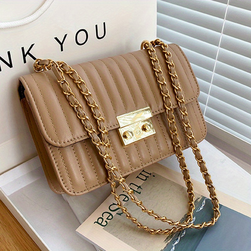 Striped Quilted Crossbody Bag, Fashion Chain Shoulder Bag, Small Solid  Color Square Purses - Temu