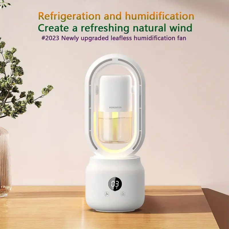 1pc spray humidifier fan home atmosphere night light air humidifier desktop leafless fan built in battery support charging leafless humidifier brushless motor humidifier fan air humidified atmosphere lamp mechanical operation for office home details 0